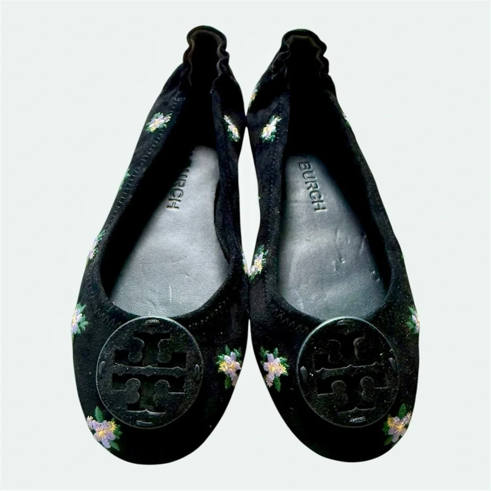 TORY BURCH Minnie Travel Flat Women 8 Black Daybreak Ditsy Floral Embroider Shoe
